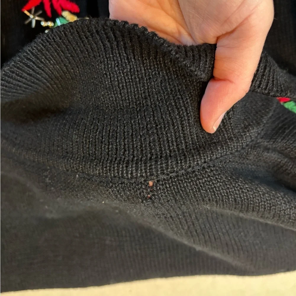 Vintage Black Christmas Cardigan Poinsettia Embroidered Beaded L-XL Cozy Cottage